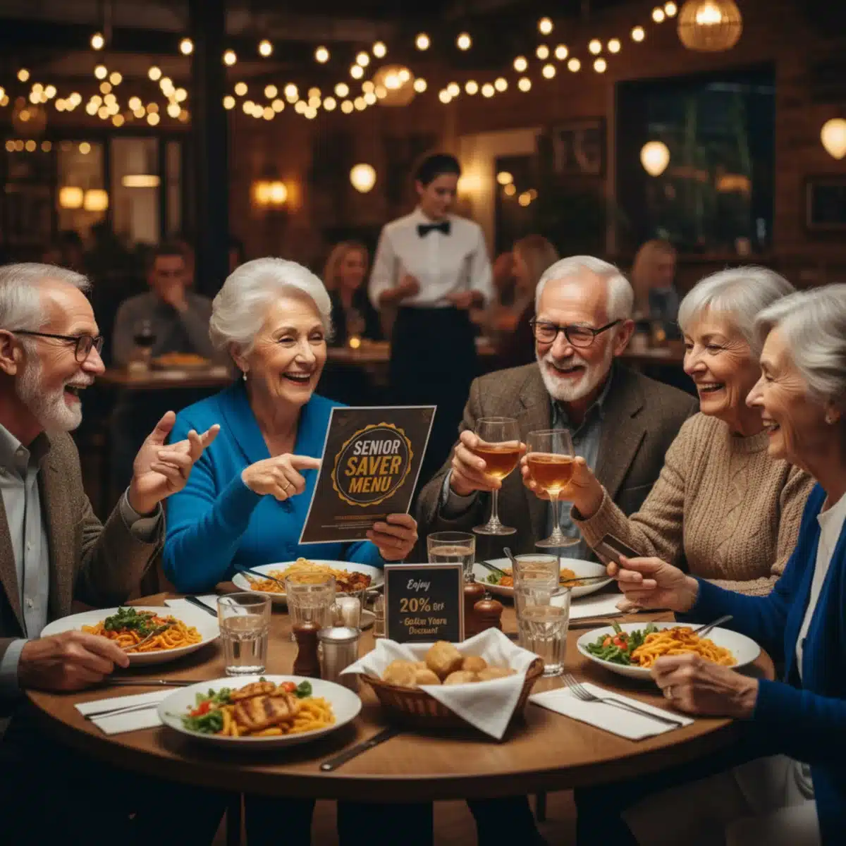 Grupo de amigos mayores compartiendo una comida en un restaurante con descuentos para la tercera edad.