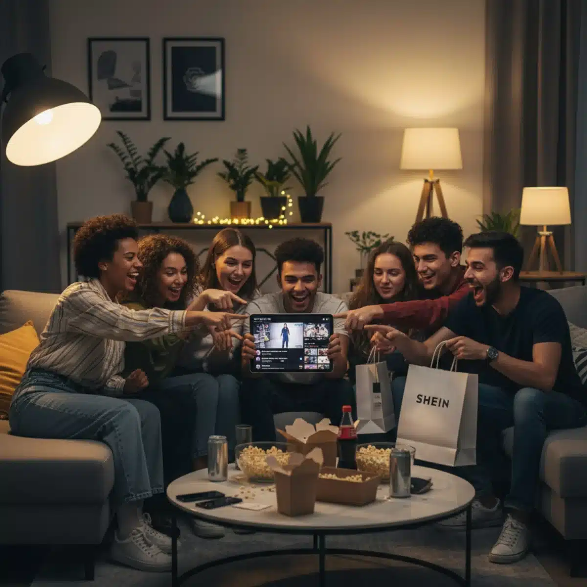Amigos viendo y participando en un evento SHEIN Live juntos desde una tablet.