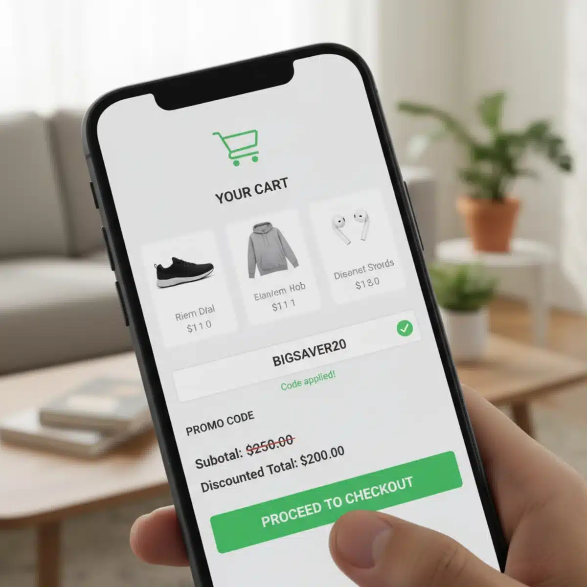 Pantalla de smartphone mostrando un carrito de compras con un cupón aplicado exitosamente y el precio final reducido.