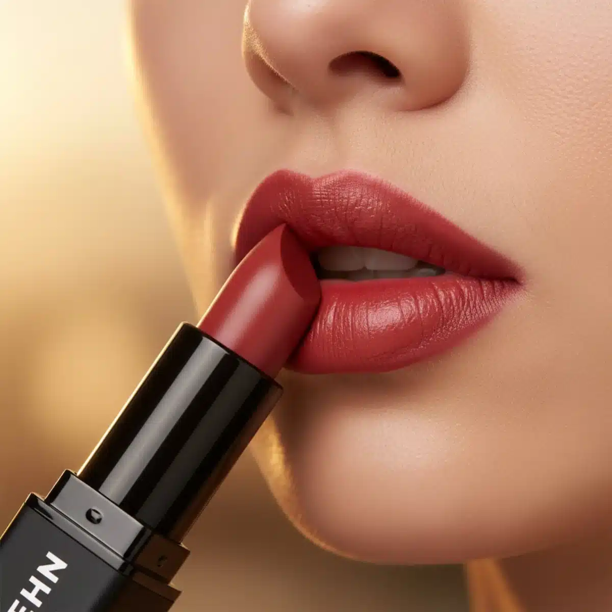Primer plano de un labial SHEIN aplicándose, mostrando su textura y color vibrante.
