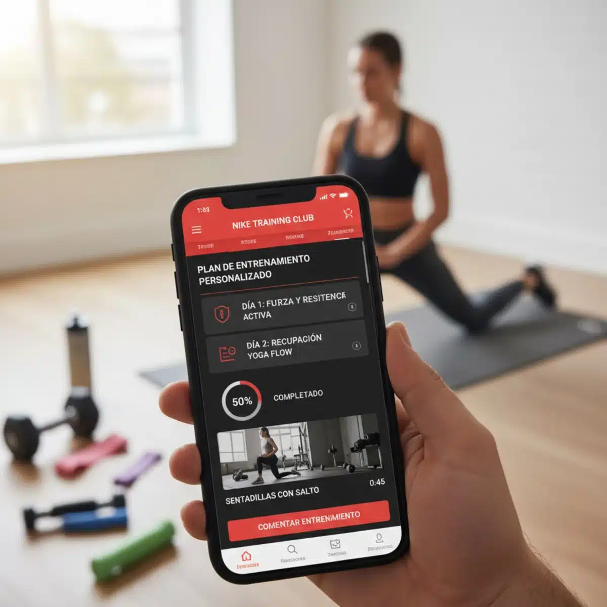 Interfaz de la aplicación Nike Training Club mostrando un entrenamiento personalizado en un smartphone.