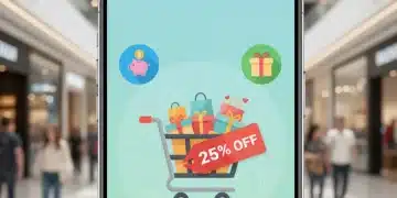Pantalla de smartphone con iconos de apps de descuentos y un carrito de compras, simbolizando el ahorro.