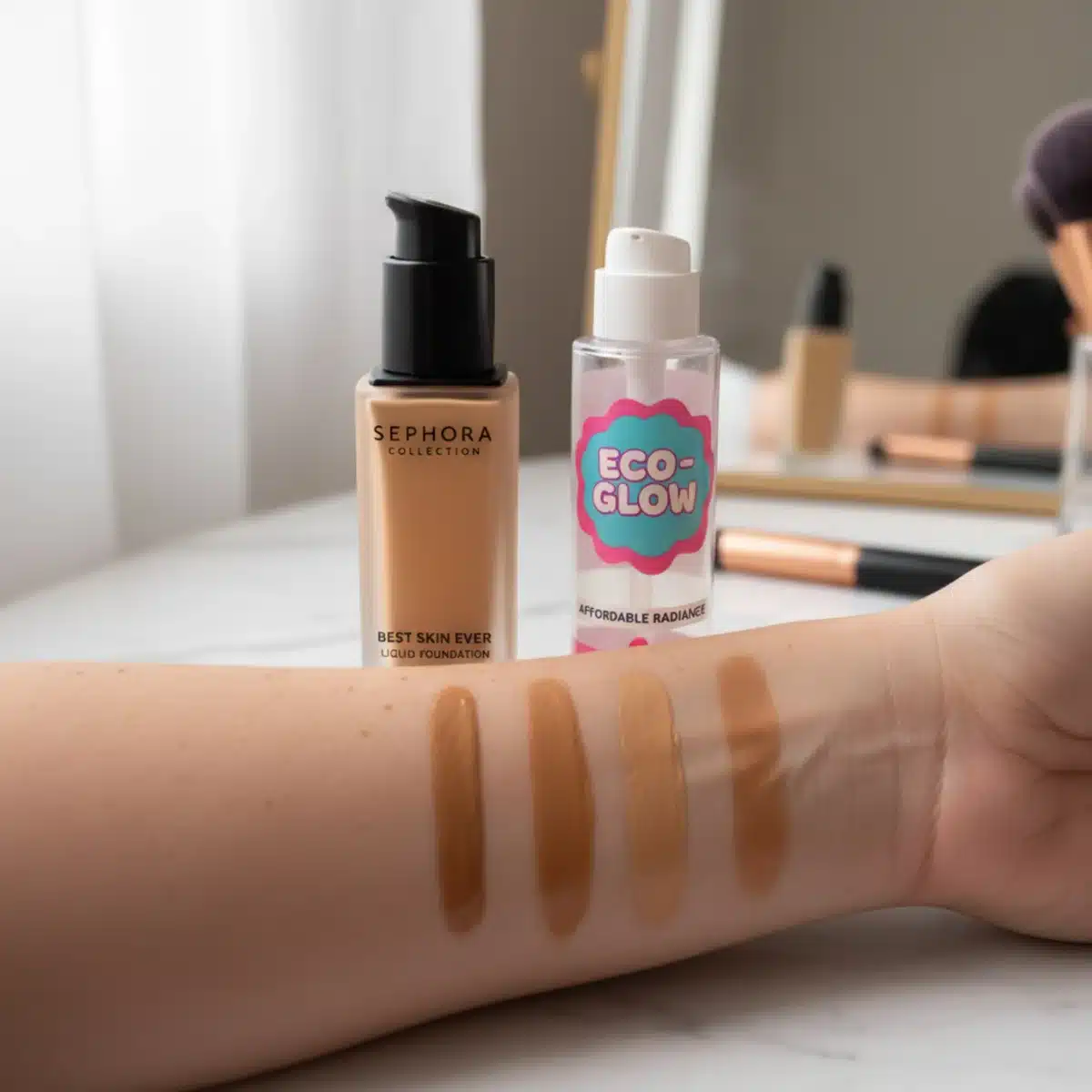 Comparación de bases de maquillaje Sephora Collection y una alternativa económica.