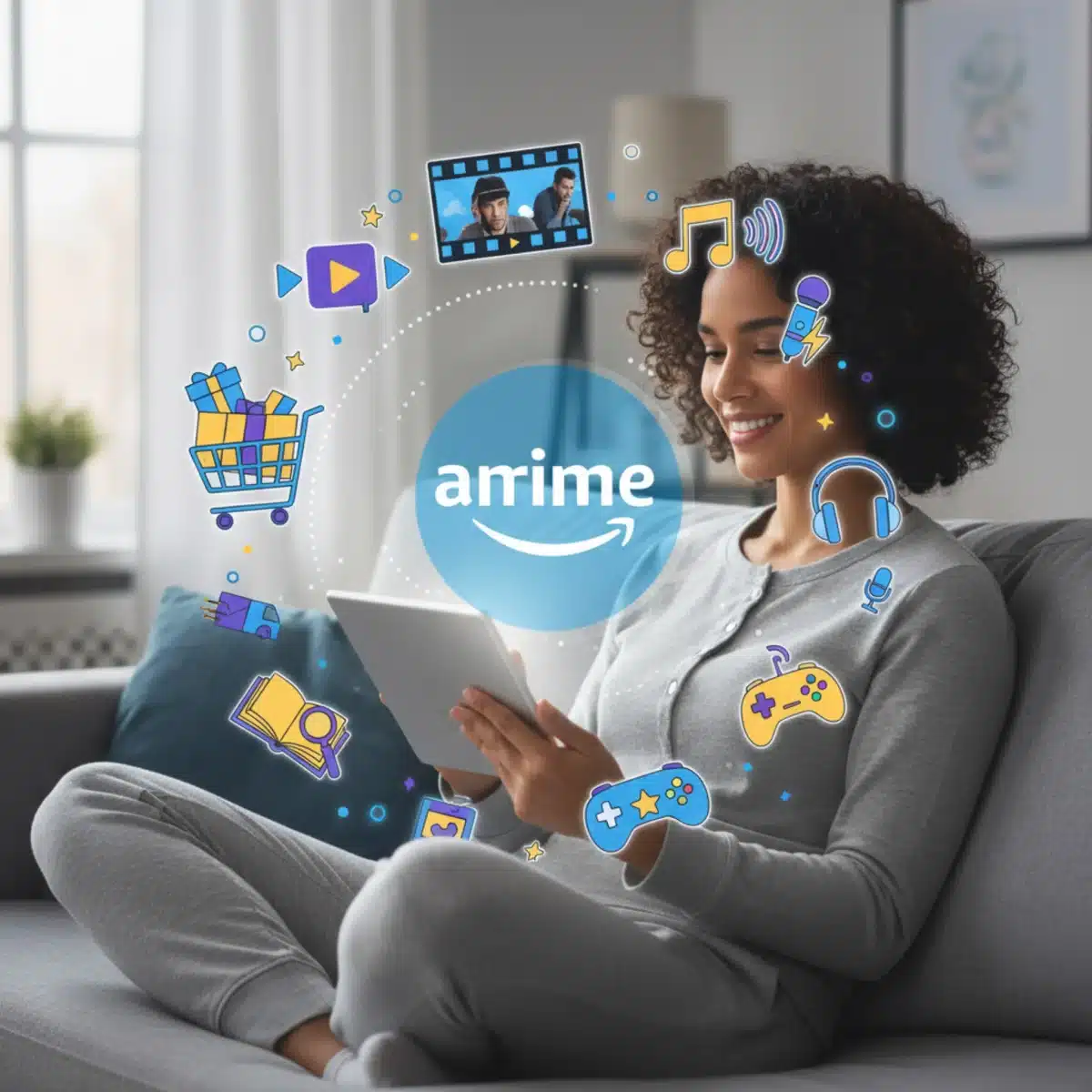 Persona explorando los diversos beneficios de Amazon Prime en una tableta, incluyendo compras, streaming y música.