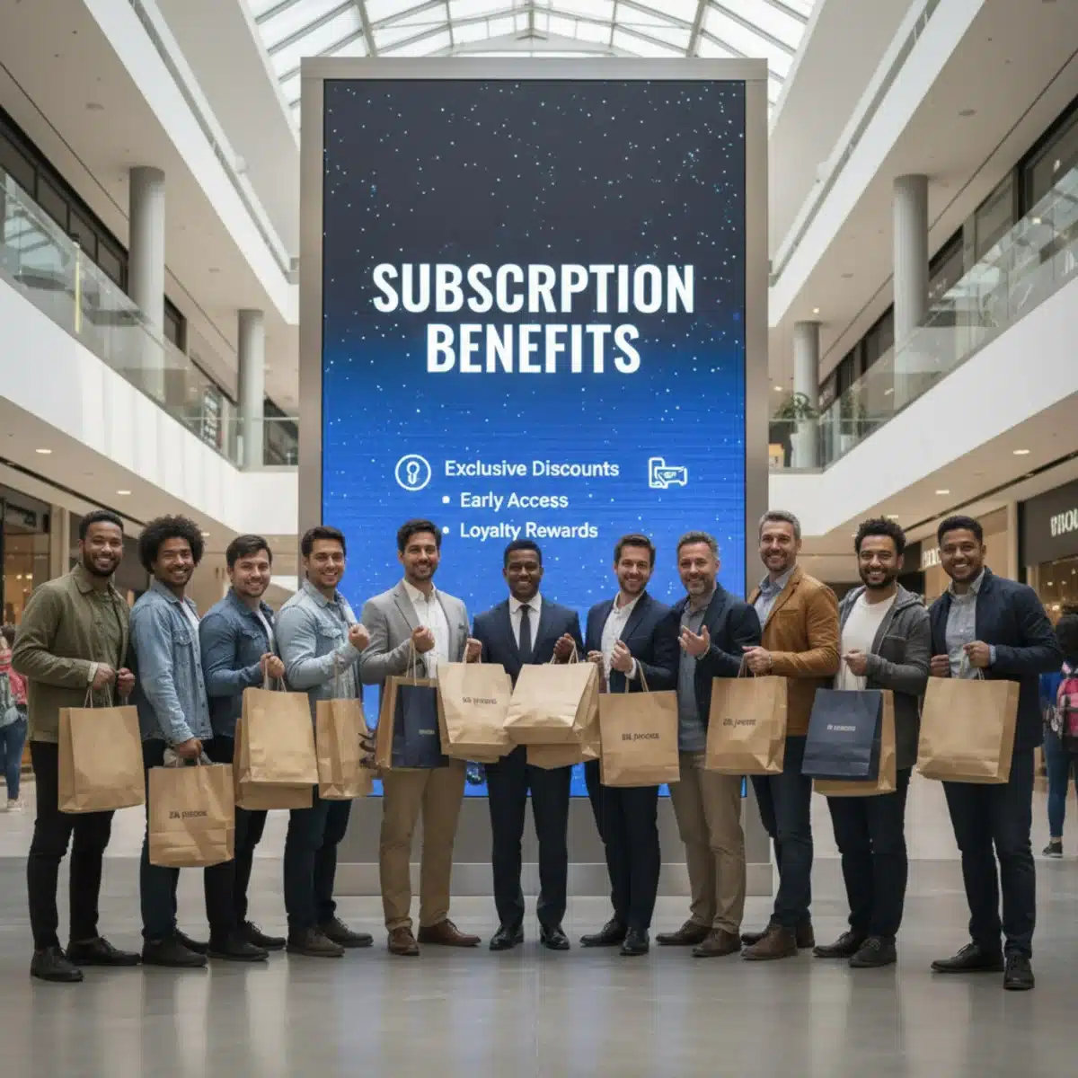 Grupo de personas felices mostrando beneficios de suscripción
