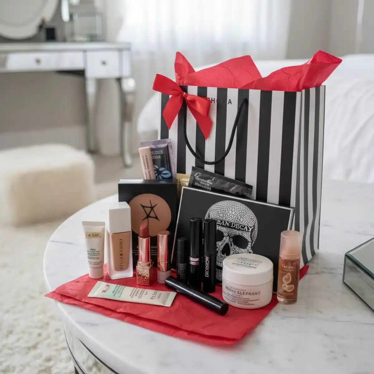 Bolsa de compras de Sephora con productos y muestras gratuitas, simbolizando una compra exitosa y beneficios adicionales.