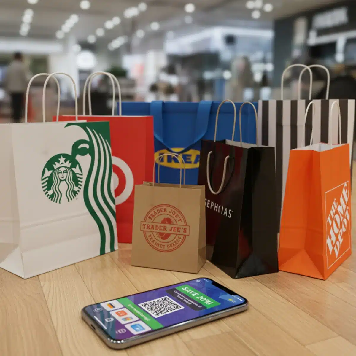 Varias bolsas de compra con un smartphone mostrando una oferta de cashback.