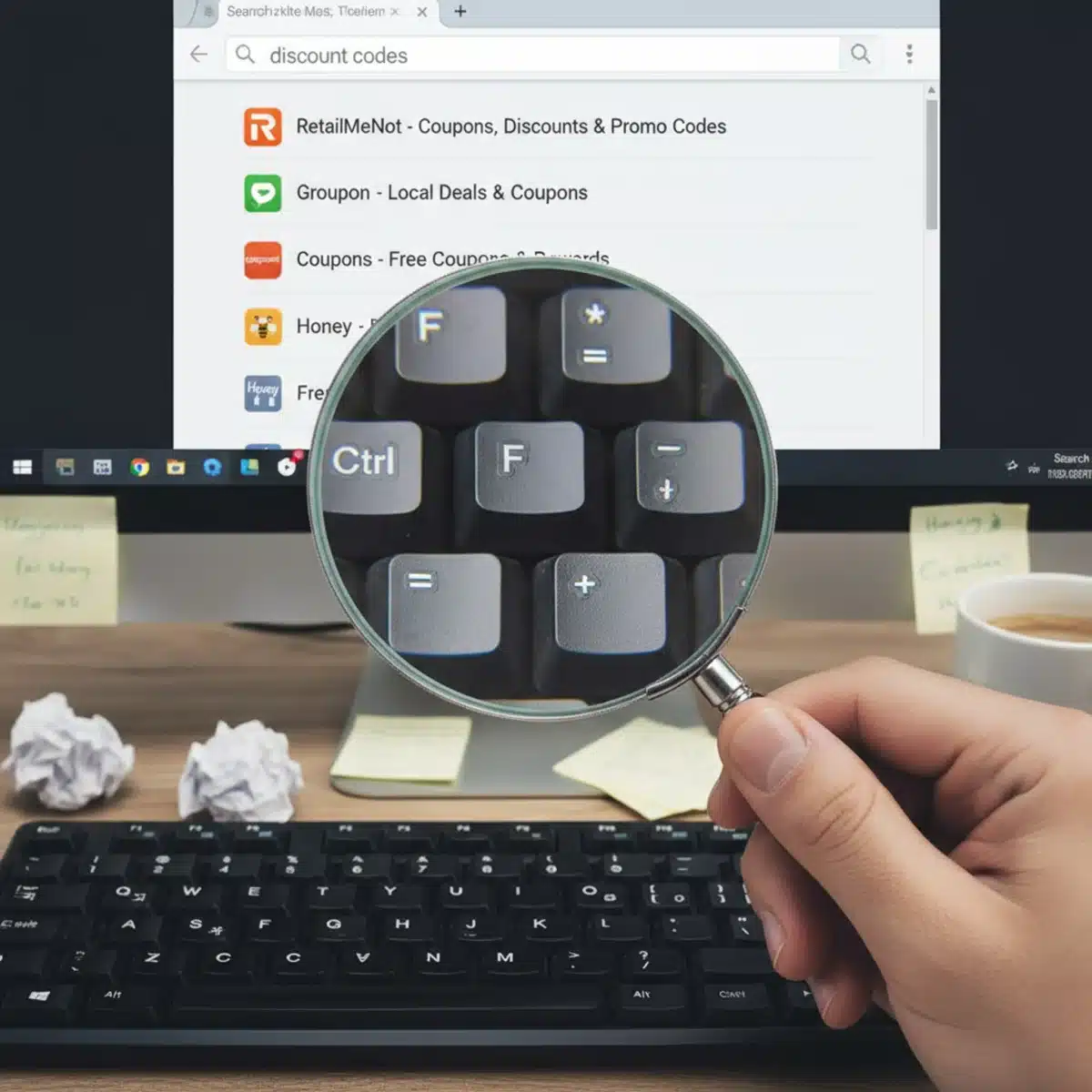 Mano con lupa buscando códigos de descuento en un teclado de ordenador, simbolizando la búsqueda activa de ofertas.