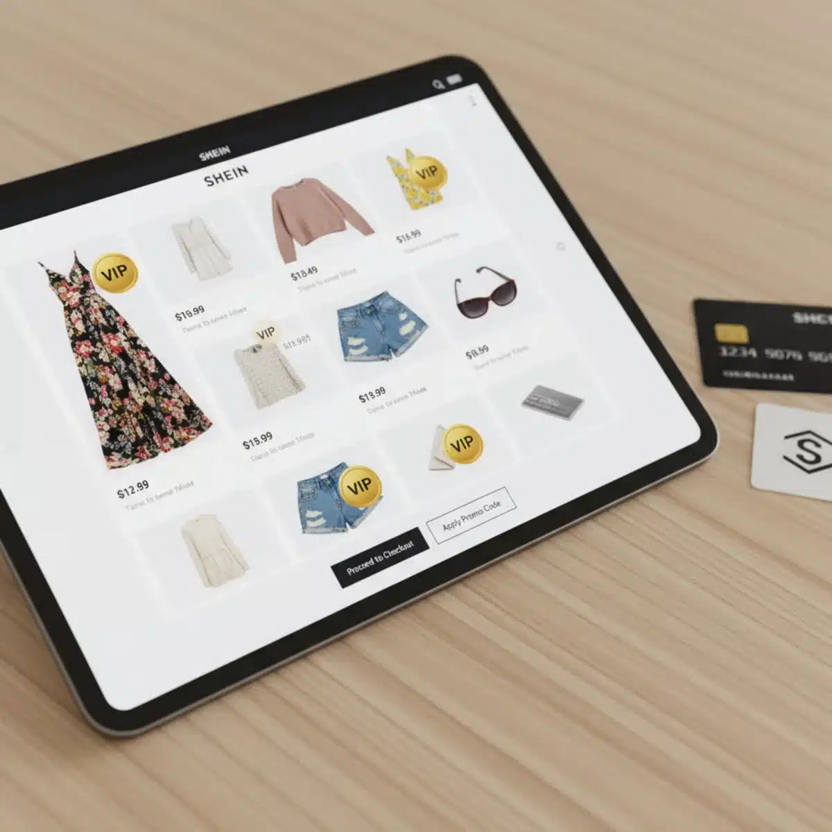 Pantalla de tablet mostrando un carrito de compras SHEIN con artículos de moda y el distintivo VIP, junto a tarjetas de crédito y fidelidad.