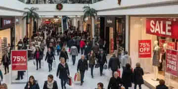 Gente comprando en un centro comercial con carteles de liquidación post-navideña y descuentos de hasta el 75% en Estados Unidos.