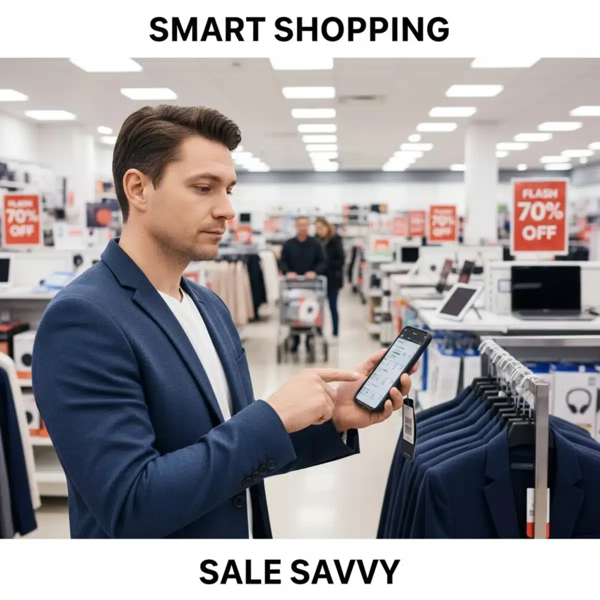 Persona comparando precios de productos en liquidación en una tienda, utilizando su smartphone para encontrar las mejores ofertas.