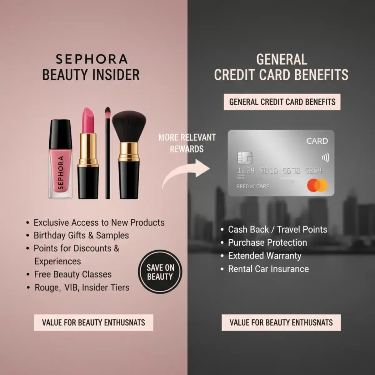 Gráfico comparativo de beneficios entre el programa Beauty Insider y otras tarjetas de crédito.