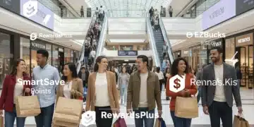 Clientes felices con bolsas de compra en un centro comercial, simbolizando descuentos maximizados con programas de fidelización en EE. UU.