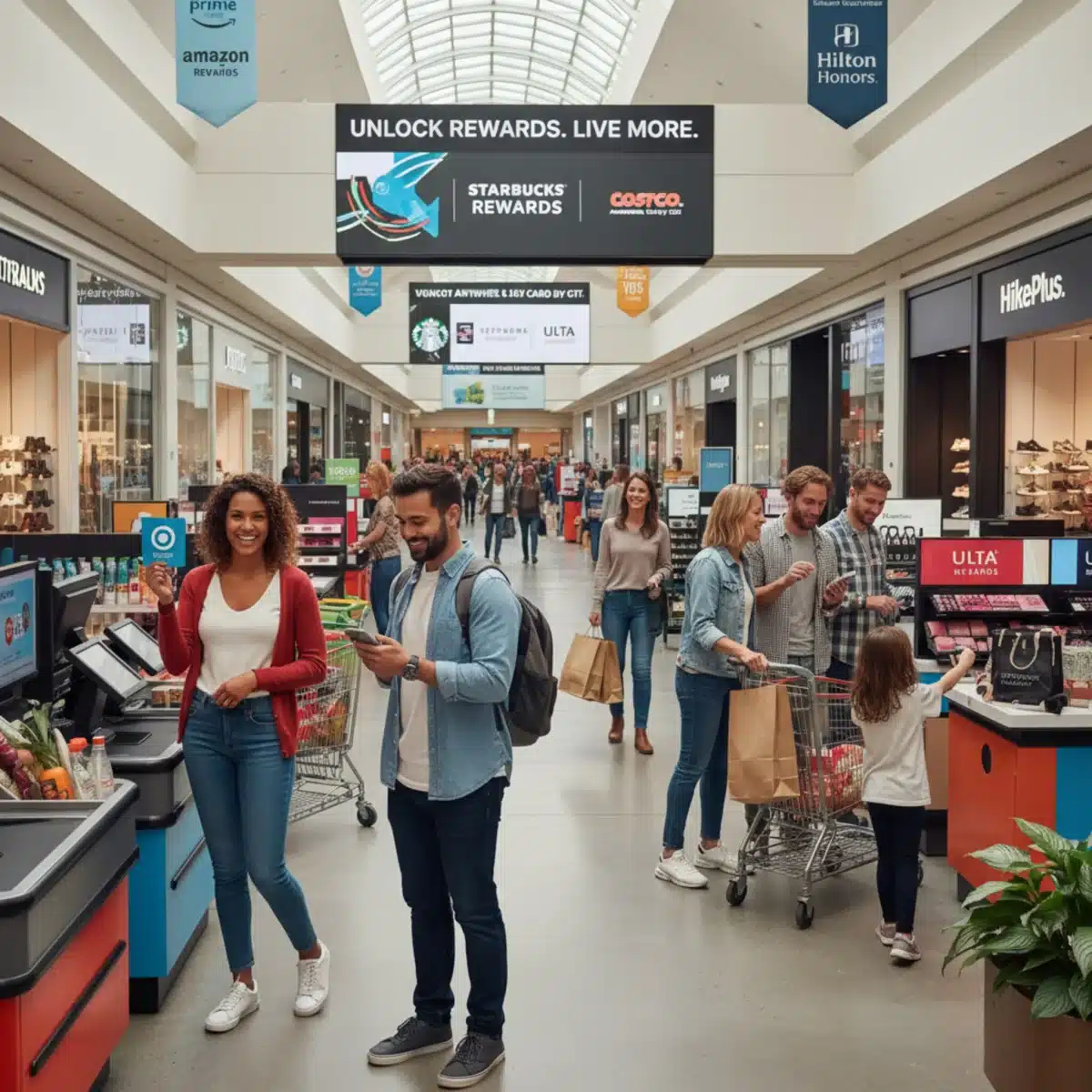 Grupo diverso de personas comprando felizmente, usando tarjetas de fidelidad y aplicaciones móviles de diferentes marcas, ilustrando los beneficios de los programas de recompensas en varios comercios.