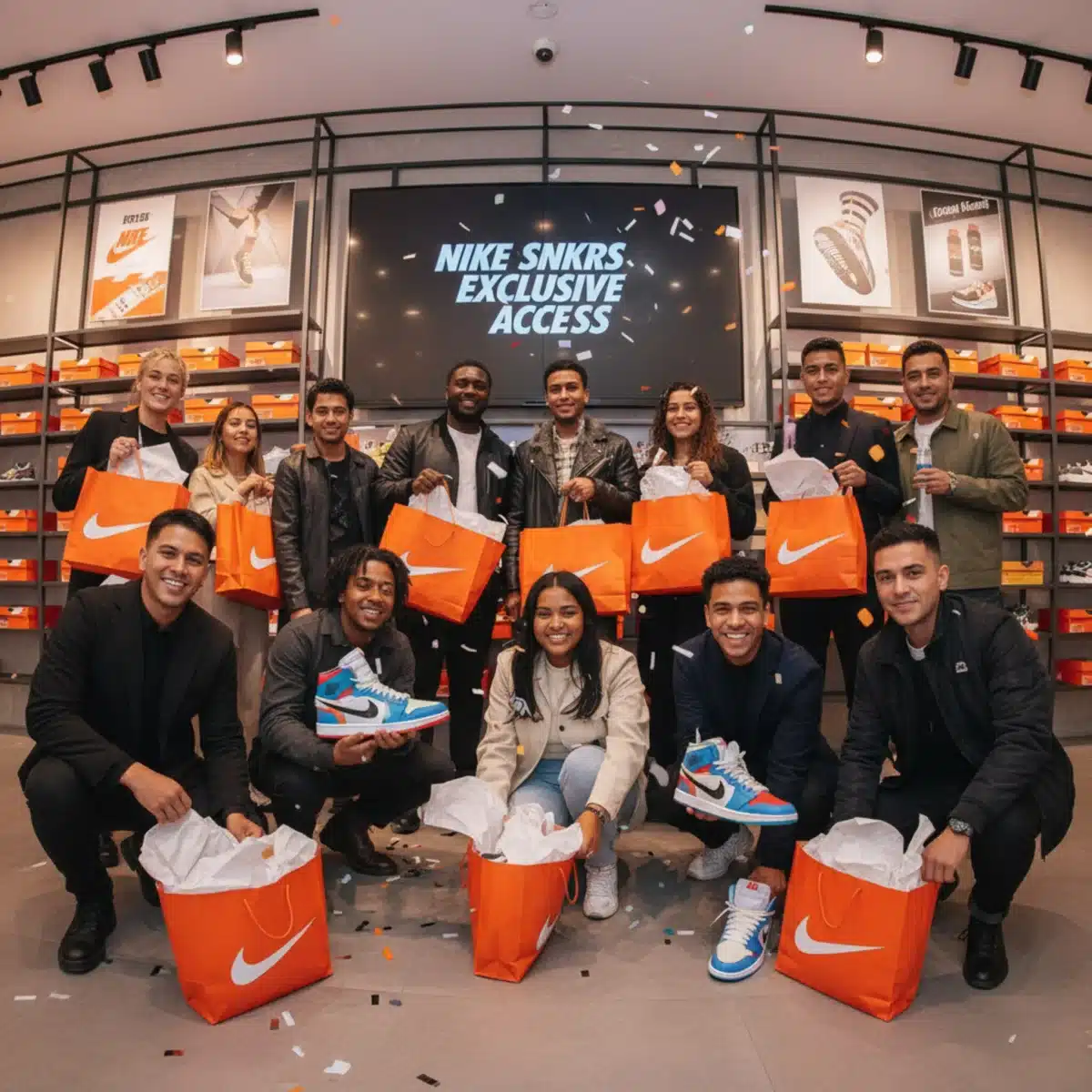 Grupo de personas felices mostrando zapatillas Nike de edición limitada recién adquiridas en un evento exclusivo.