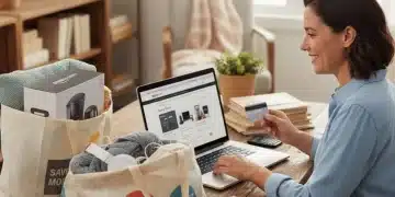 Persona sonriendo mientras compra en Amazon con su ordenador portátil, rodeada de bolsas de compra y una tarjeta de crédito, simbolizando el ahorro inteligente.