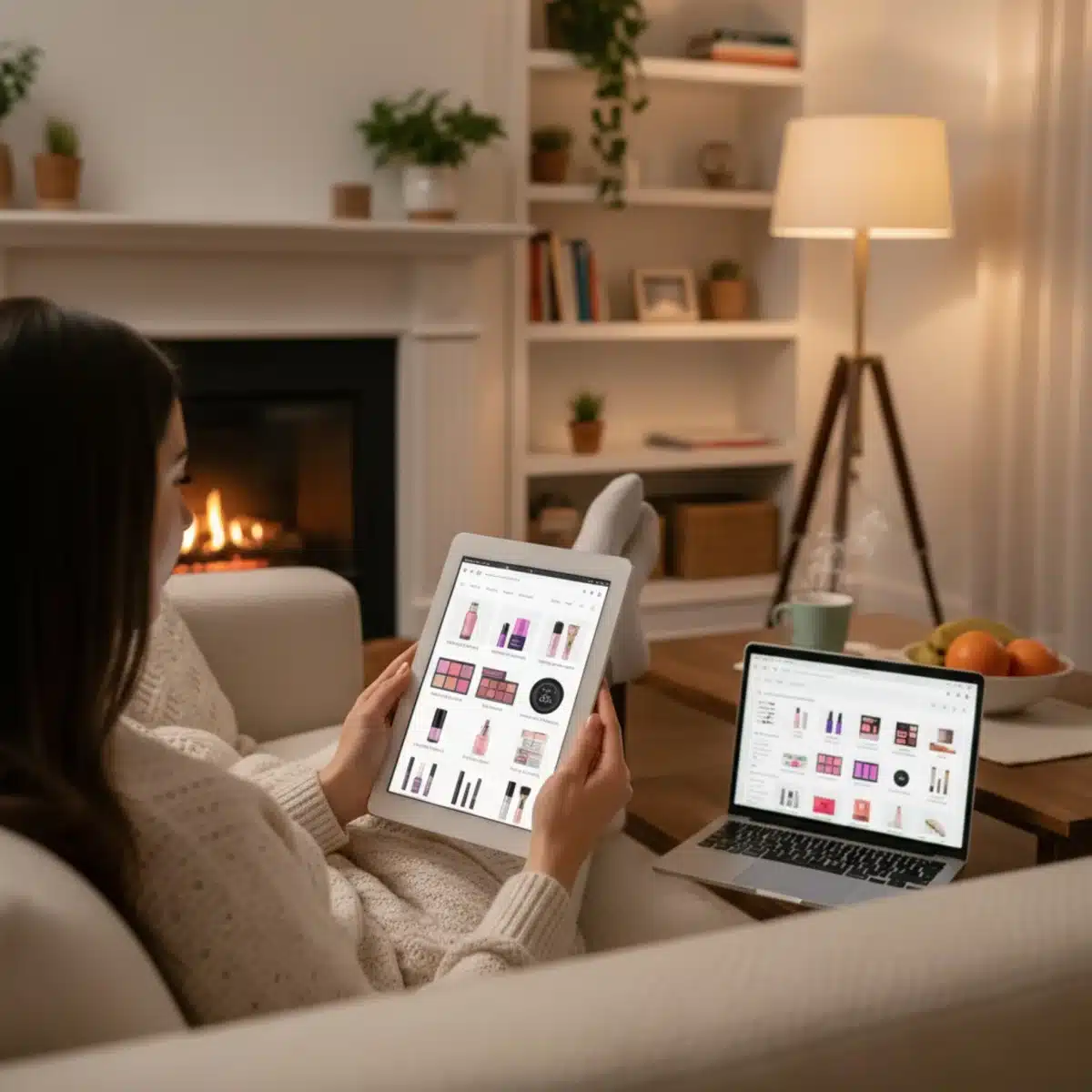 Persona comprando productos de belleza online desde casa, con tablet y cosméticos digitales en pantalla.