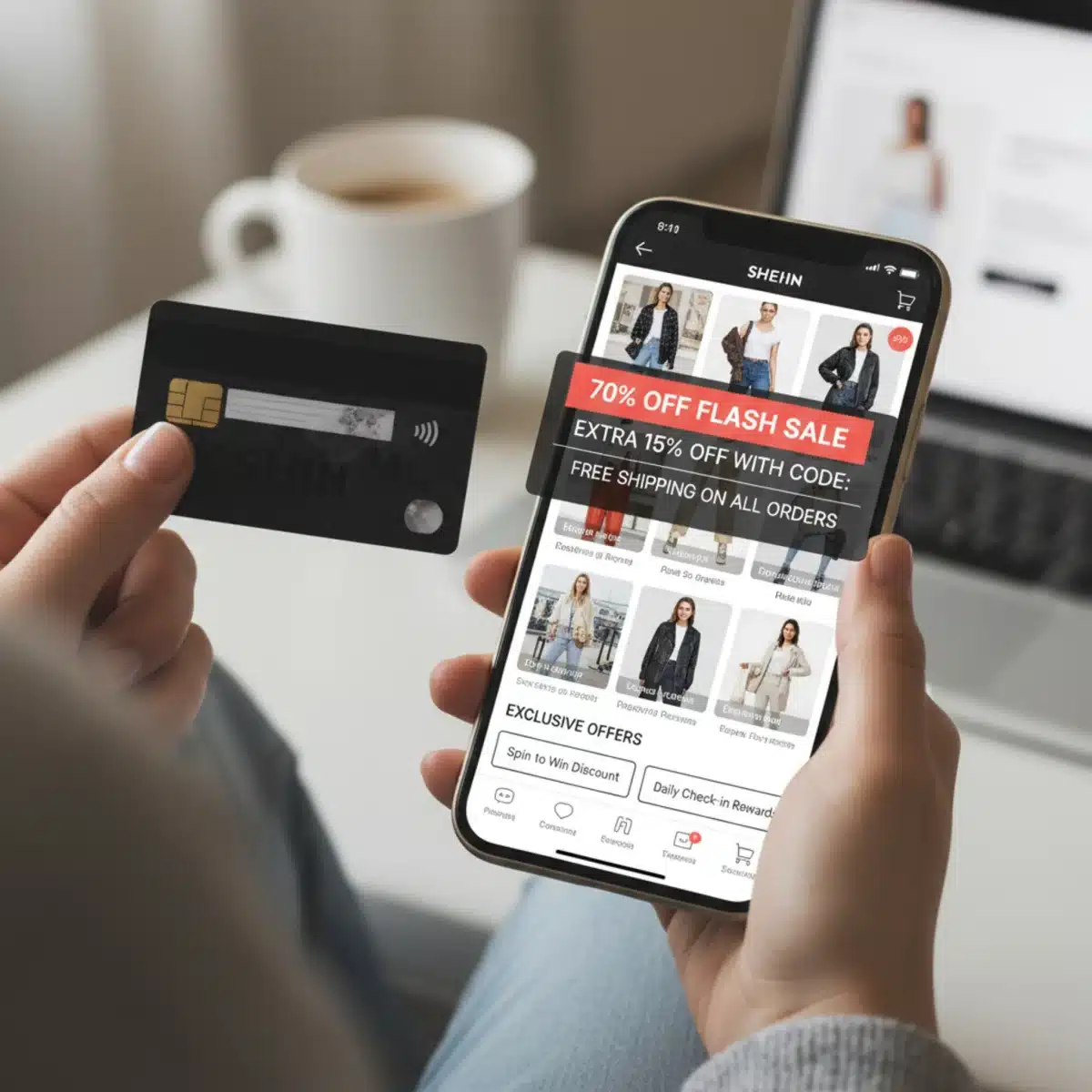 Manos usando tarjeta de crédito y móvil para comprar en SHEIN, con códigos de descuento y ofertas exclusivas en pantalla.
