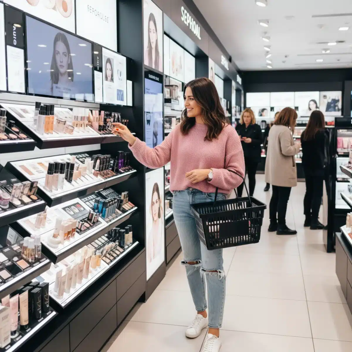 Clienta explorando los pasillos de una tienda Sephora con entusiasmo.