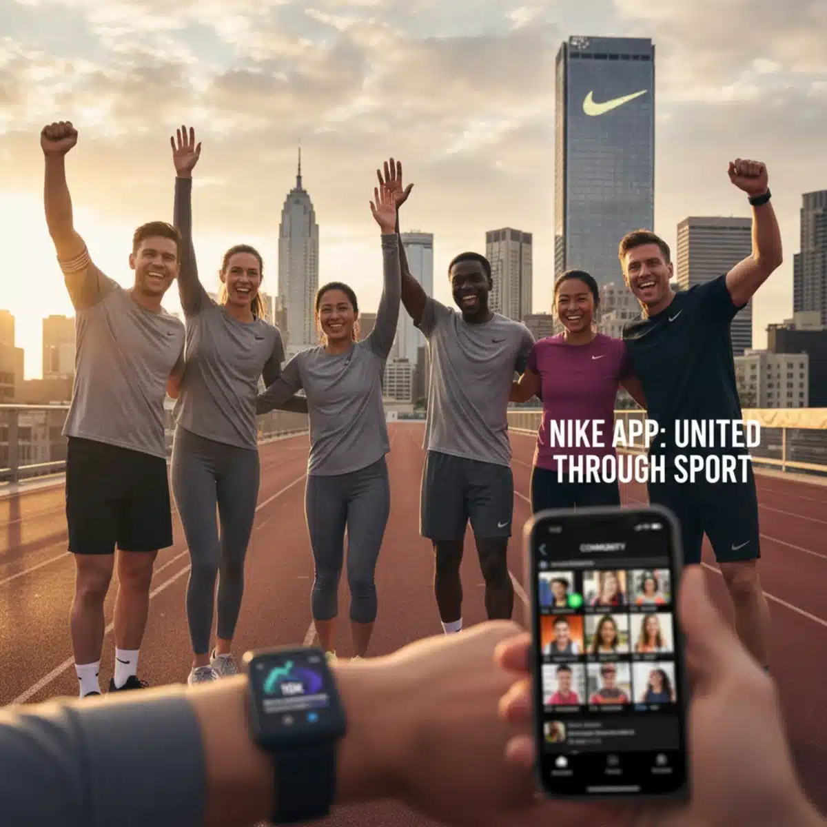 Grupo de amigos celebrando un logro deportivo, con la Nike App visible en un dispositivo, simbolizando la comunidad y los beneficios de ser miembro Nike.