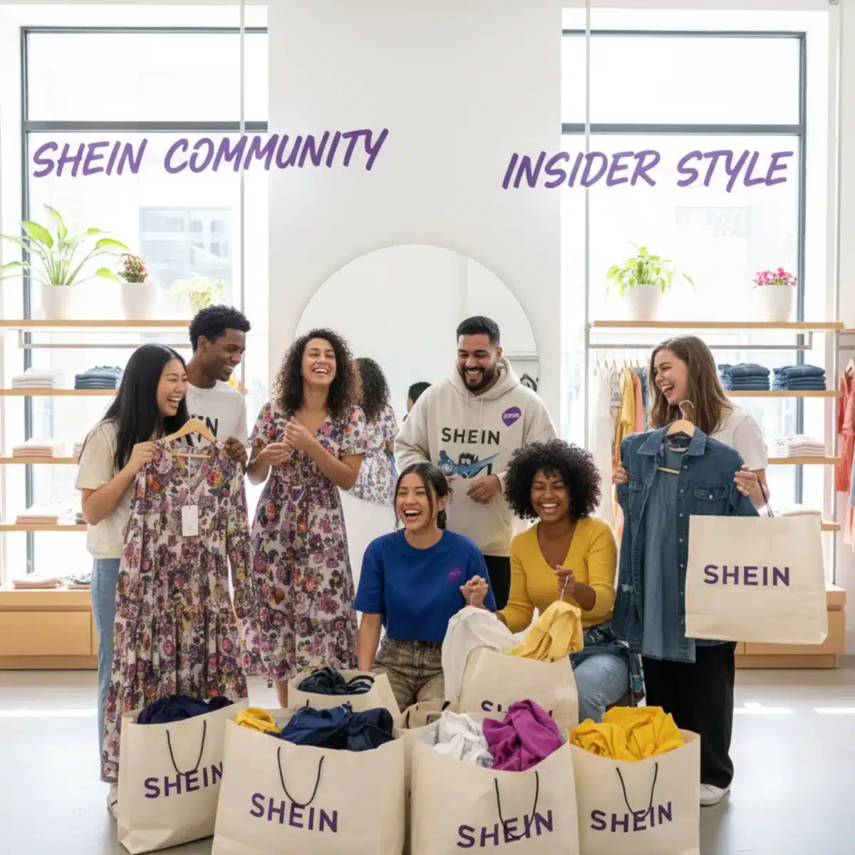 Grupo de amigos probándose ropa y divirtiéndose, con bolsas de SHEIN, que representa la comunidad Insider.
