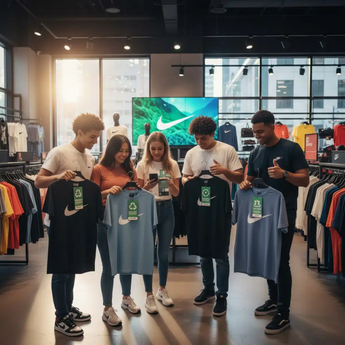 Consumidores en una tienda Nike en EE. UU. revisando etiquetas de sostenibilidad.