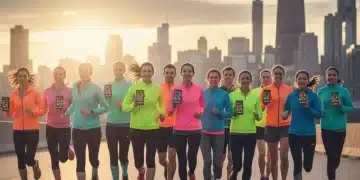Corredores sonrientes usando la aplicación Nike Run Club en una ciudad de Estados Unidos al amanecer.