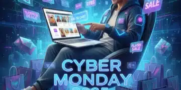 Persona comprando en línea con entusiasmo durante el Cyber Monday 2025, rodeada de bolsas de compra y descuentos digitales, en un ambiente futurista.