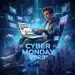 Persona comprando en línea con entusiasmo durante el Cyber Monday 2025, rodeada de bolsas de compra y descuentos digitales, en un ambiente futurista.