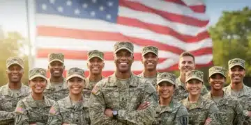 Militares y veteranos sonrientes, con la bandera de Estados Unidos de fondo, simbolizando los beneficios de descuentos.
