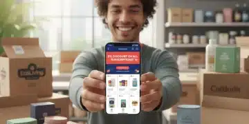 Persona sonriente con teléfono mostrando un 5% de descuento en suscripciones