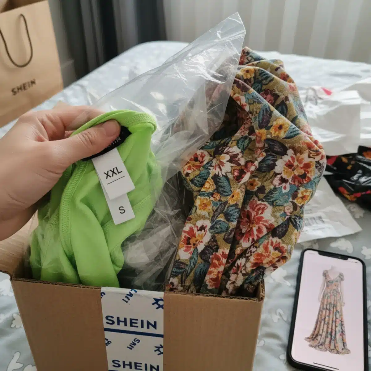 Paquete de SHEIN abierto mostrando ropa con etiqueta de talla incorrecta y textura de tela diferente, ilustrando la importancia de verificar detalles.