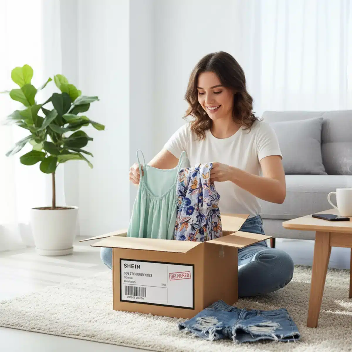 Persona abriendo un paquete de SHEIN con ropa, mostrando la etiqueta de envío.