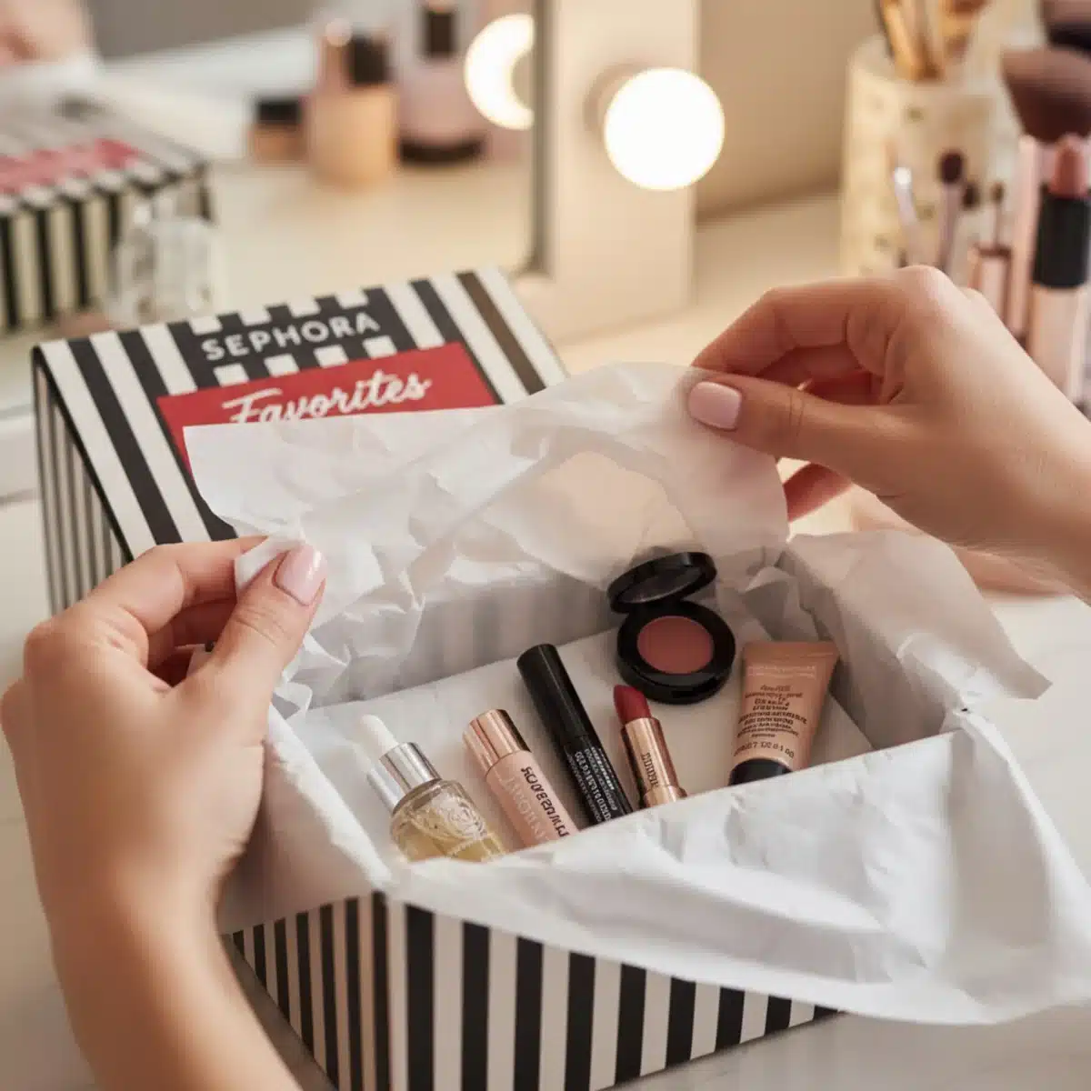 Manos abriendo una caja sorpresa de Sephora Favorites, revelando productos de belleza.