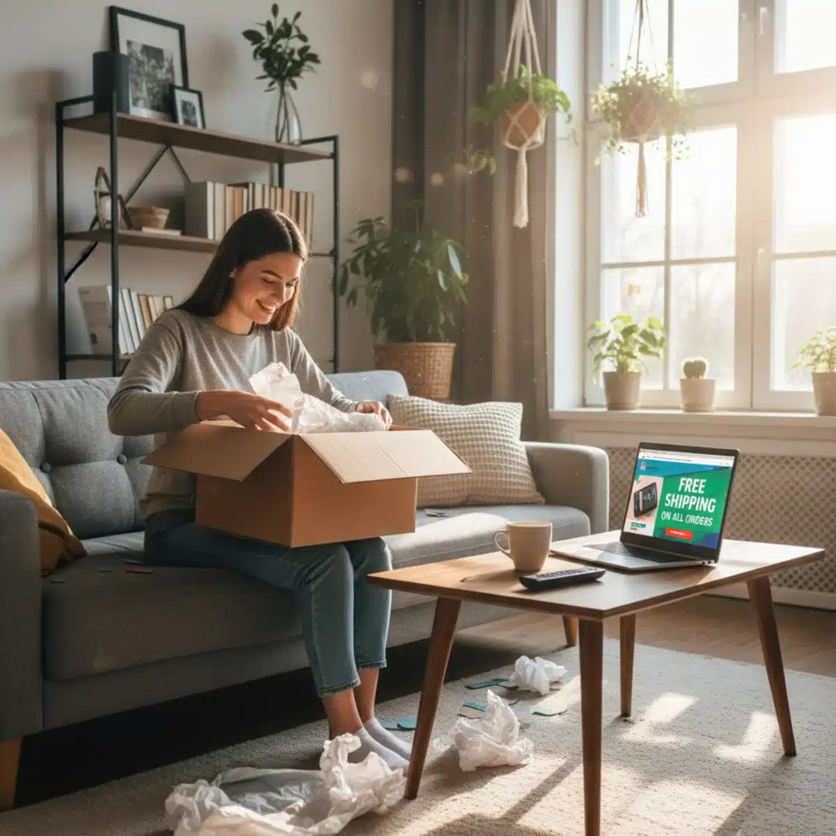 Persona desempaquetando felizmente un pedido con envío gratuito, mostrando la conveniencia de las compras online.