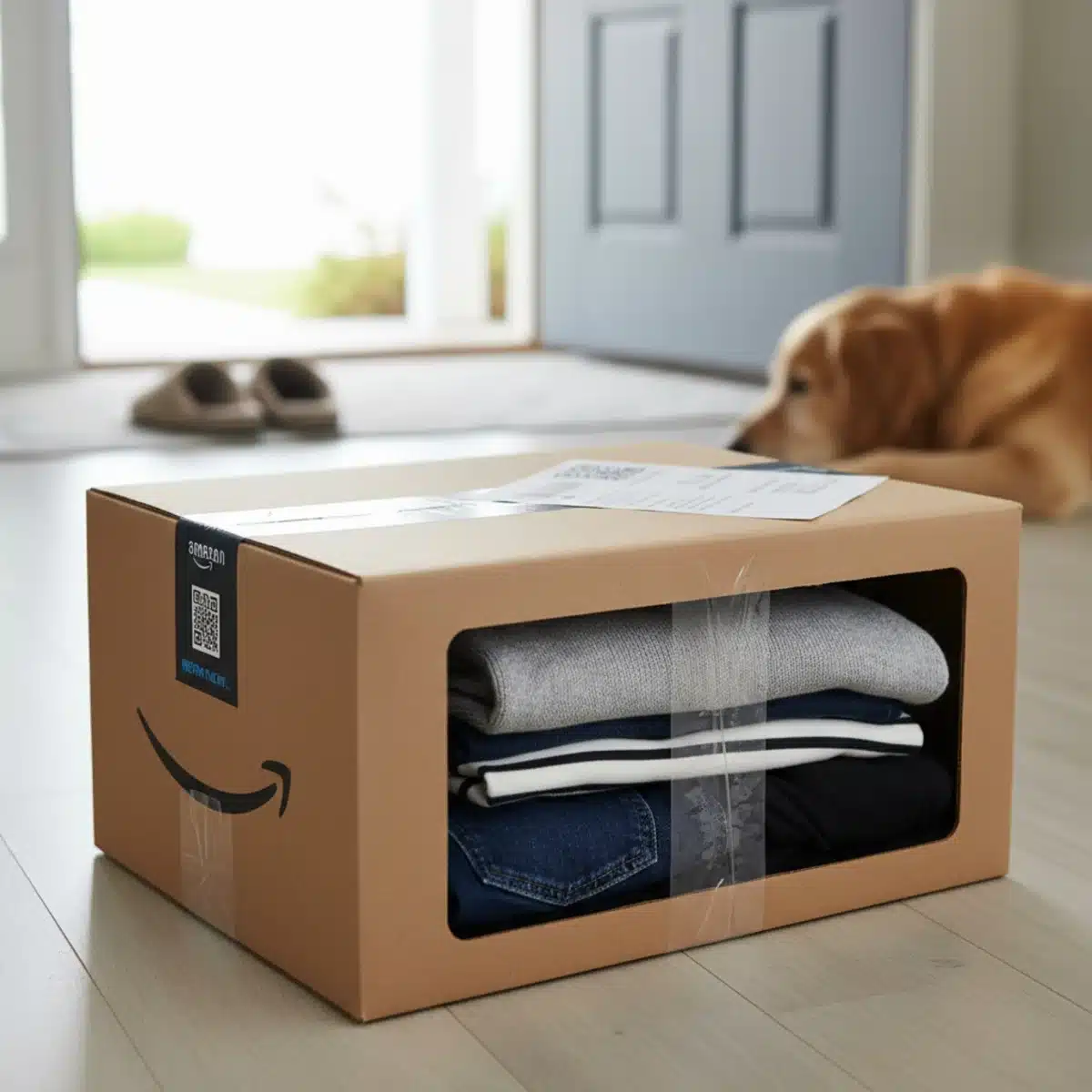 Caja de devoluciones de Amazon Prime Wardrobe con ropa empaquetada.