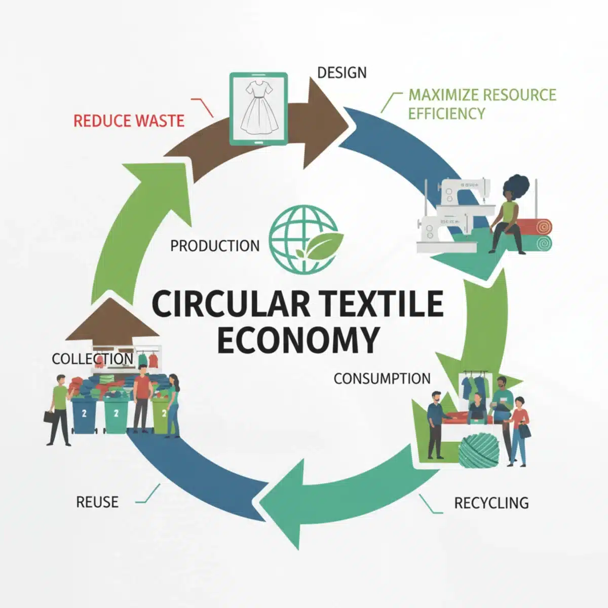 Diagrama de economía circular textil, mostrando el ciclo de vida de las prendas para minimizar residuos y maximizar recursos.