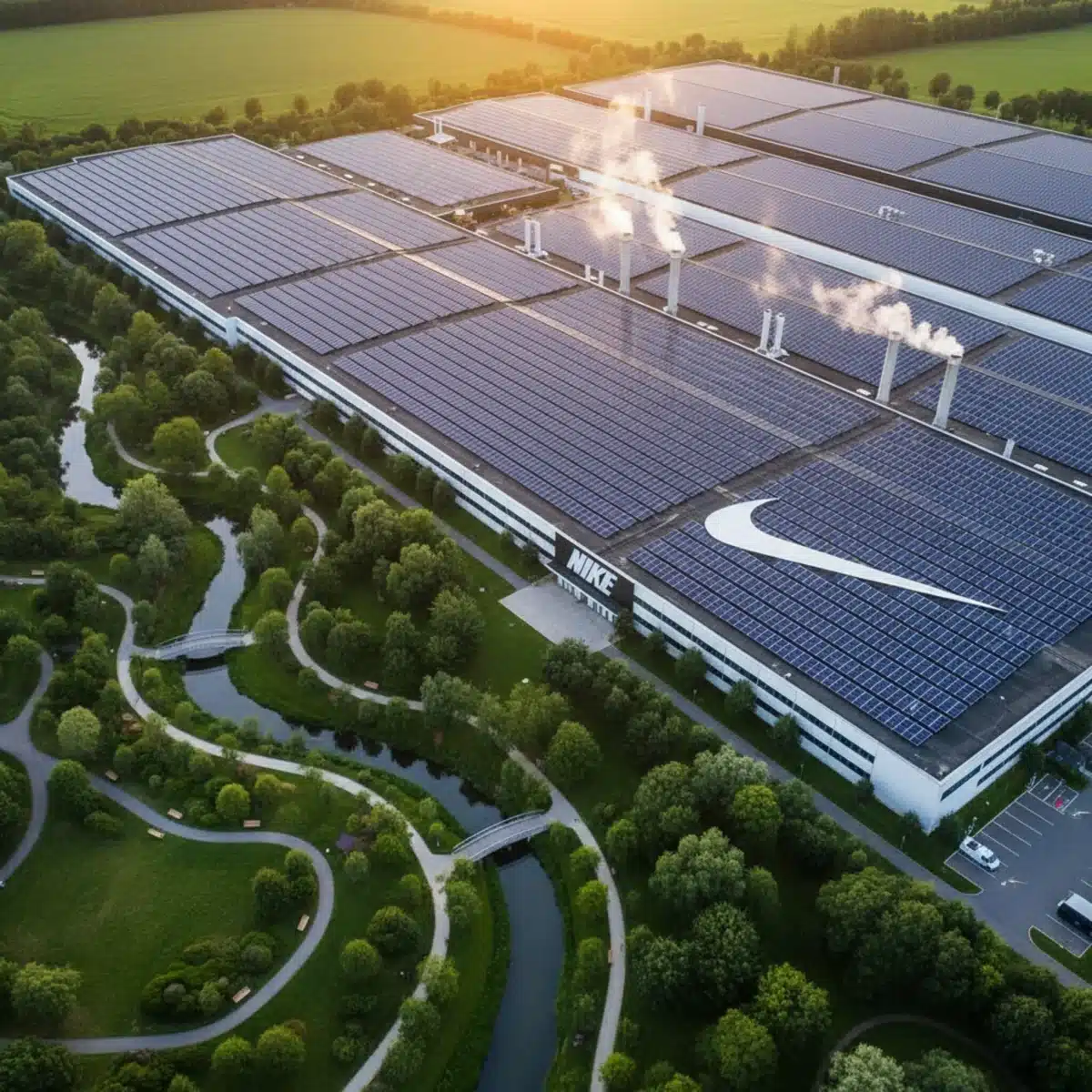 Paneles solares alimentando una fábrica de Nike, representando energía renovable.