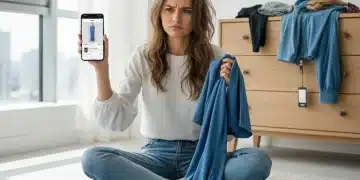 Mujer frustrada mirando la aplicación de SHEIN en su teléfono, rodeada de ropa que no le queda bien, simbolizando errores comunes al comprar en SHEIN.