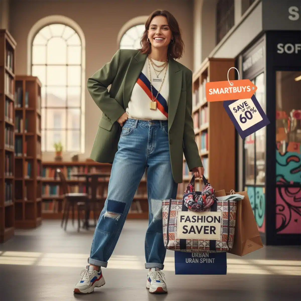 Estudiante con ropa de moda recién adquirida gracias a descuentos estudiantiles.