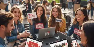 Estudiantes universitarios sonrientes aprovechando descuentos en Estados Unidos con dispositivos tecnológicos y ropa.
