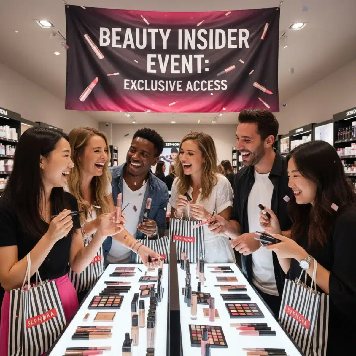 Grupo de amigos disfrutando de un evento exclusivo para Beauty Insiders en una tienda Sephora.