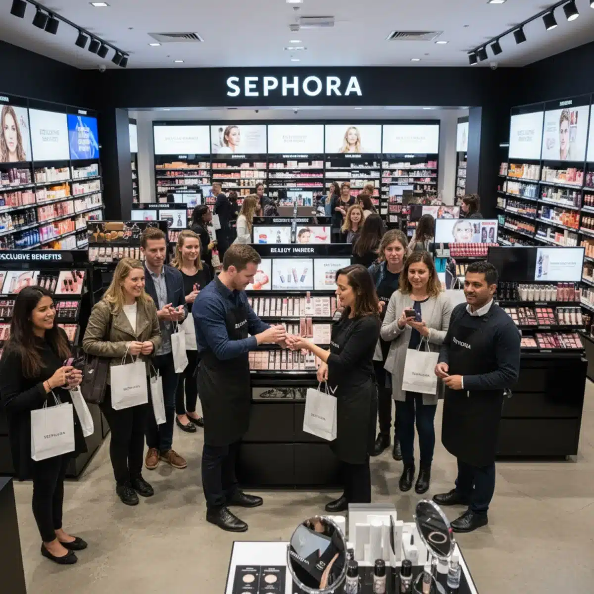 Clientes en un evento exclusivo de Sephora recibiendo muestras y asesoramiento