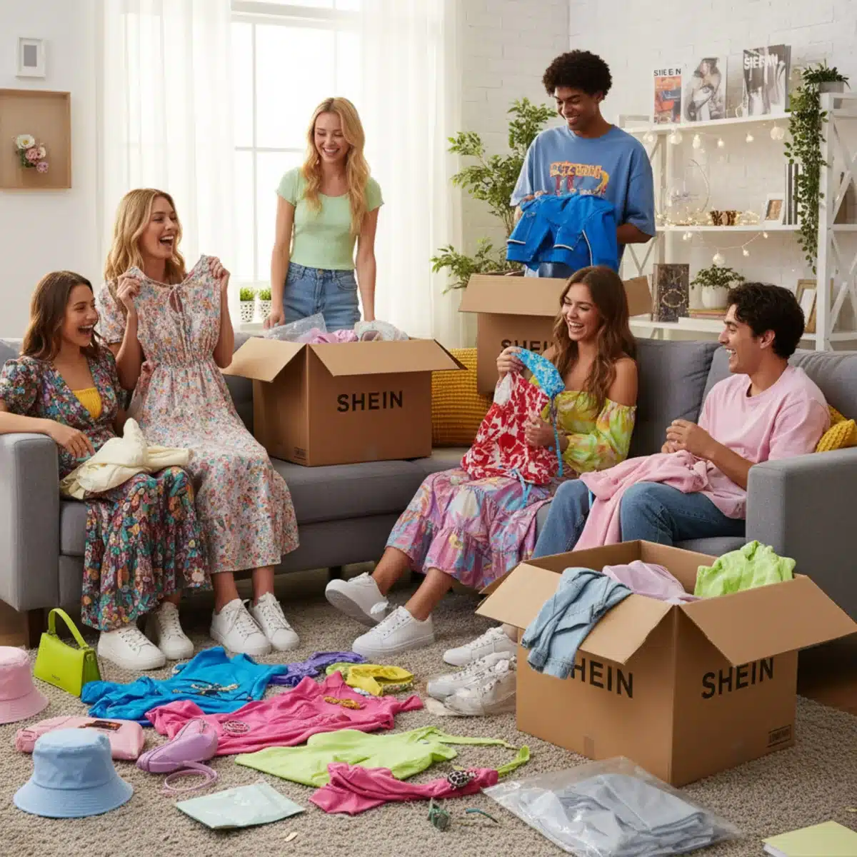Amigas riendo mientras abren paquetes de SHEIN, disfrutando de sus nuevas compras de moda.