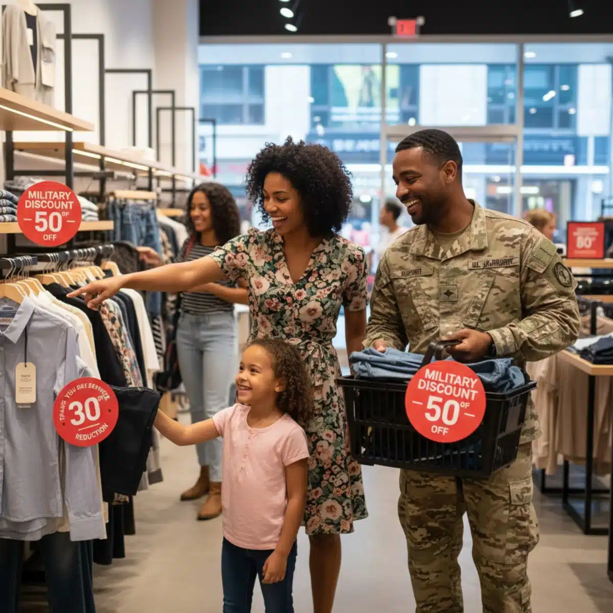 Familia militar comprando en una tienda, beneficiándose de grandes descuentos en productos.