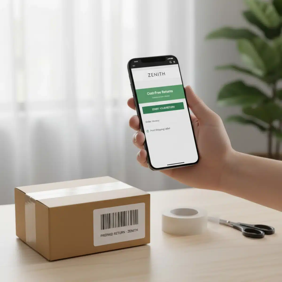 Mano sosteniendo un smartphone con portal de devoluciones, caja lista para ser devuelta sin coste.