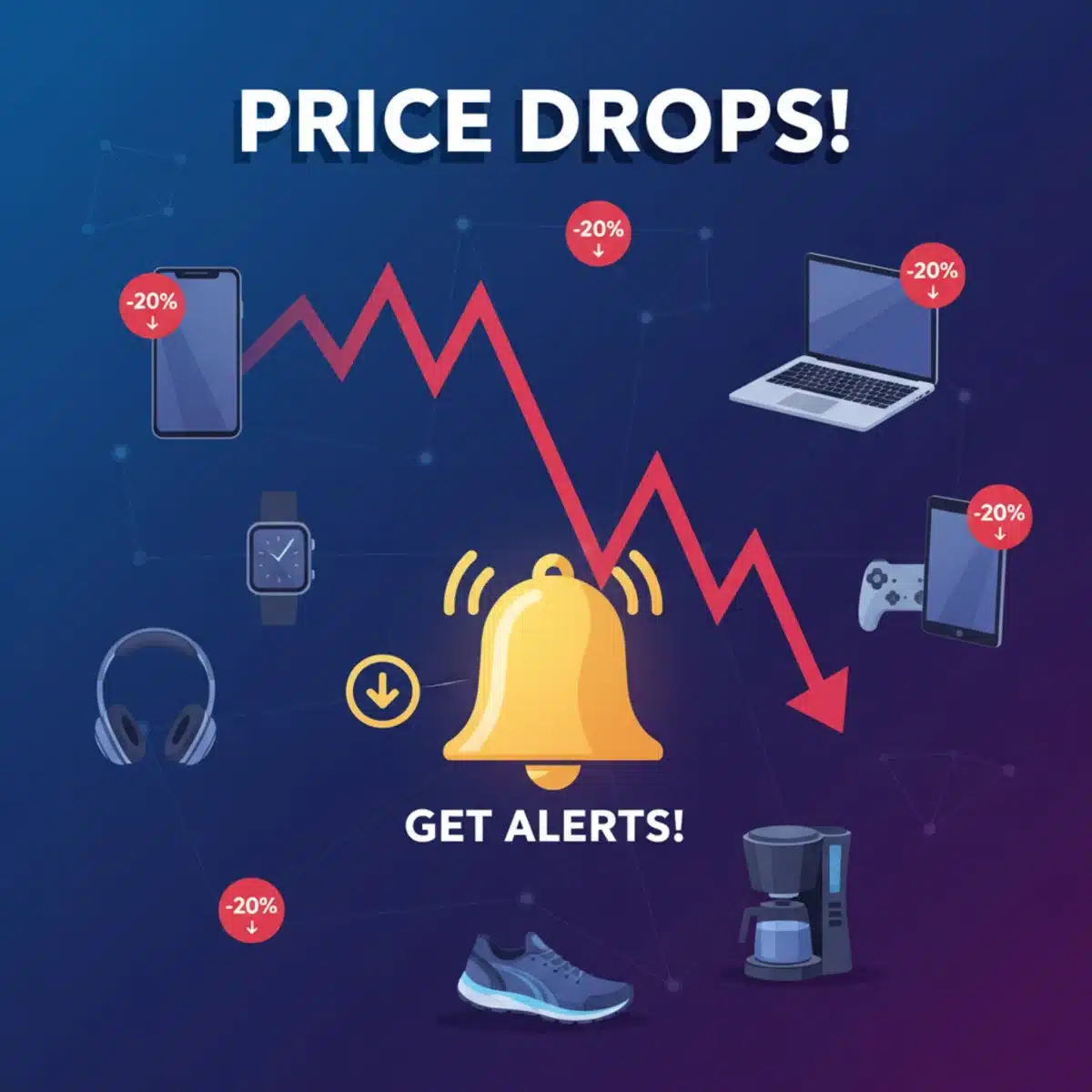 Gráfico de precios con flecha hacia abajo y campana de notificación.