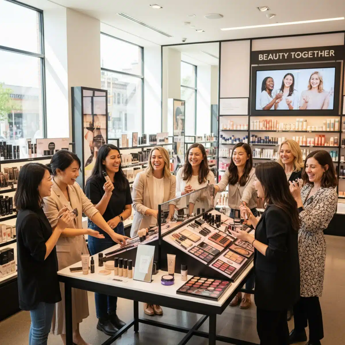 Grupo diverso de mujeres probando productos de belleza en Sephora.