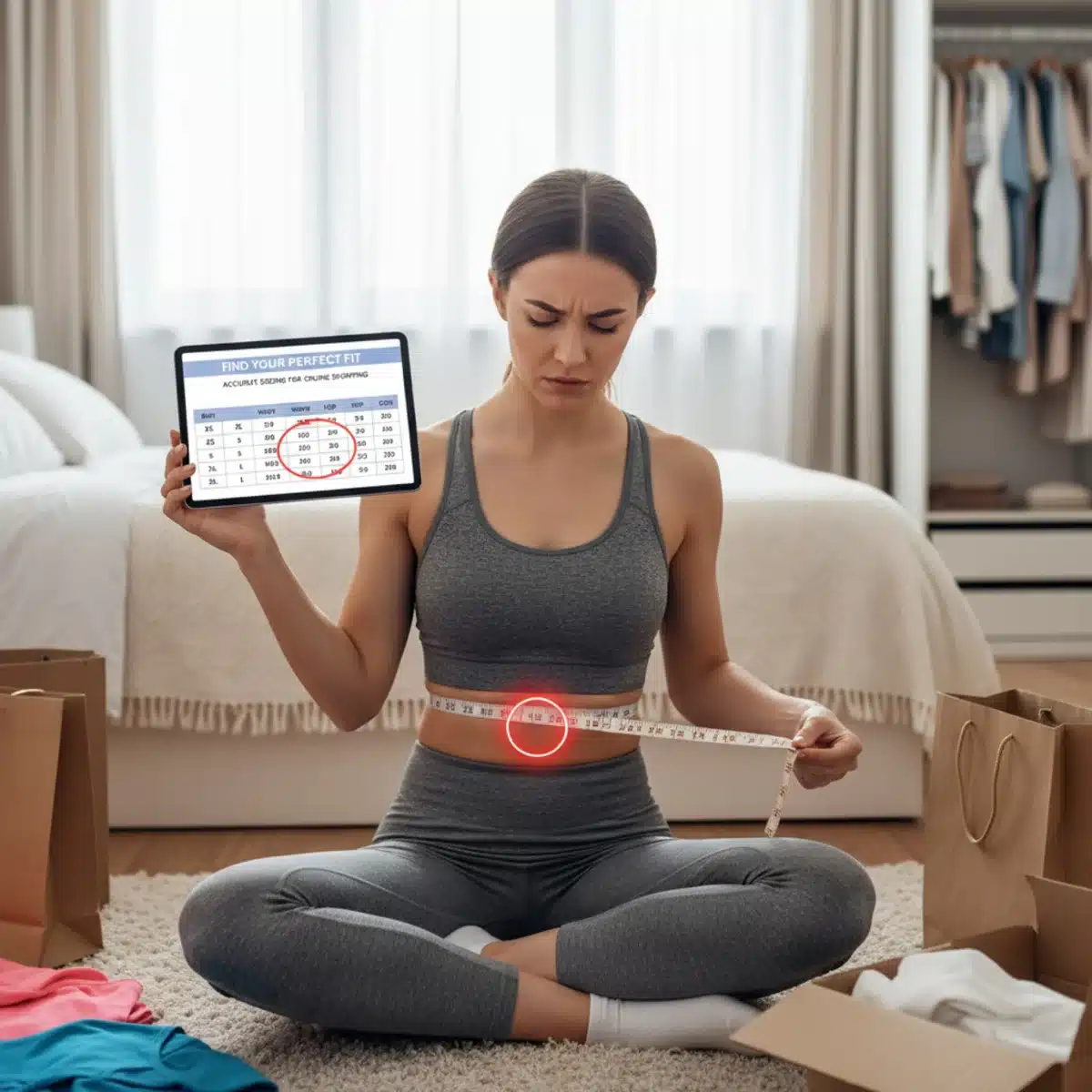 Mujer midiendo su cuerpo con una cinta métrica y comparando con una tabla de tallas en una tablet para una compra online.