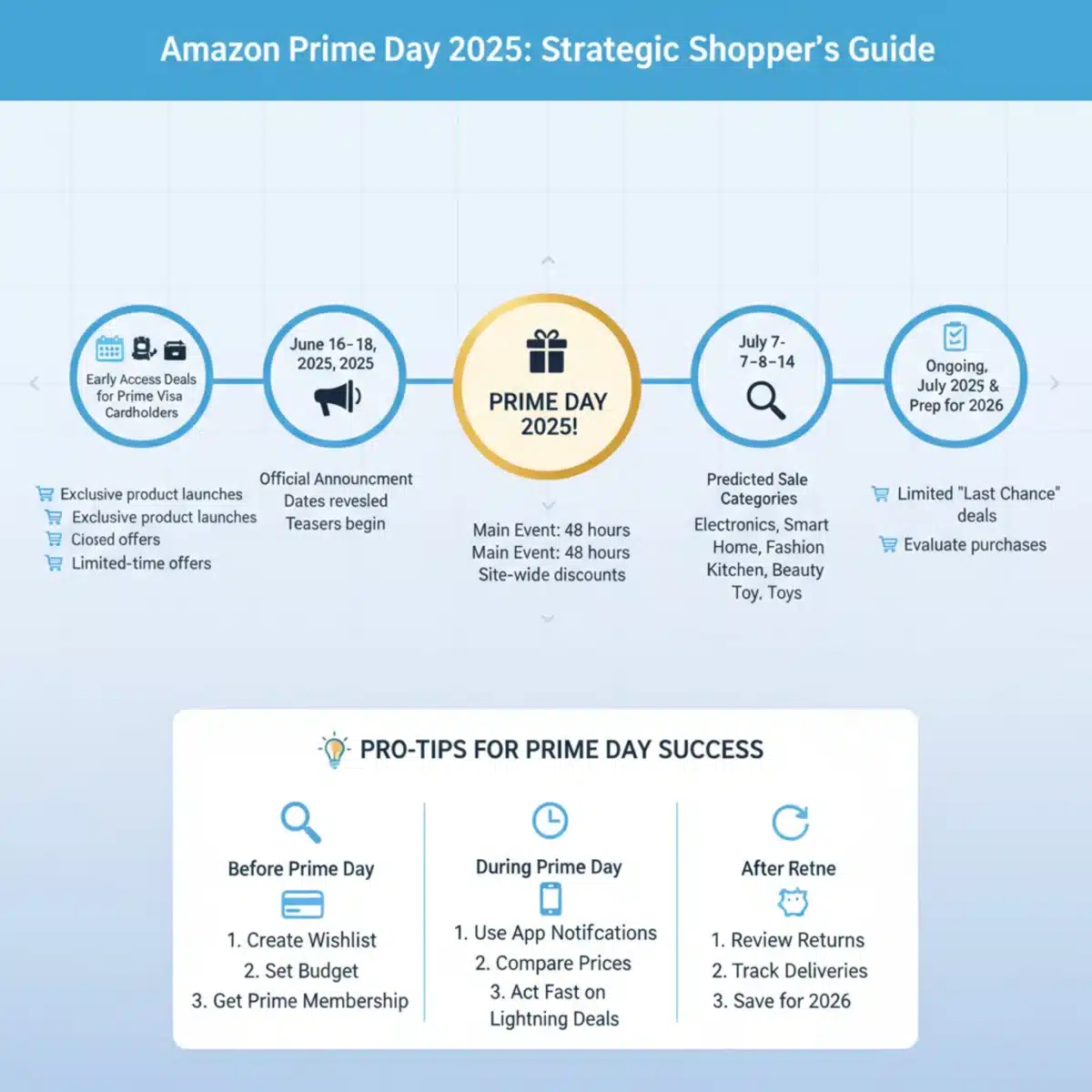 Infografía con fechas clave y predicciones para Amazon Prime Day 2025, destacando la planificación estratégica.